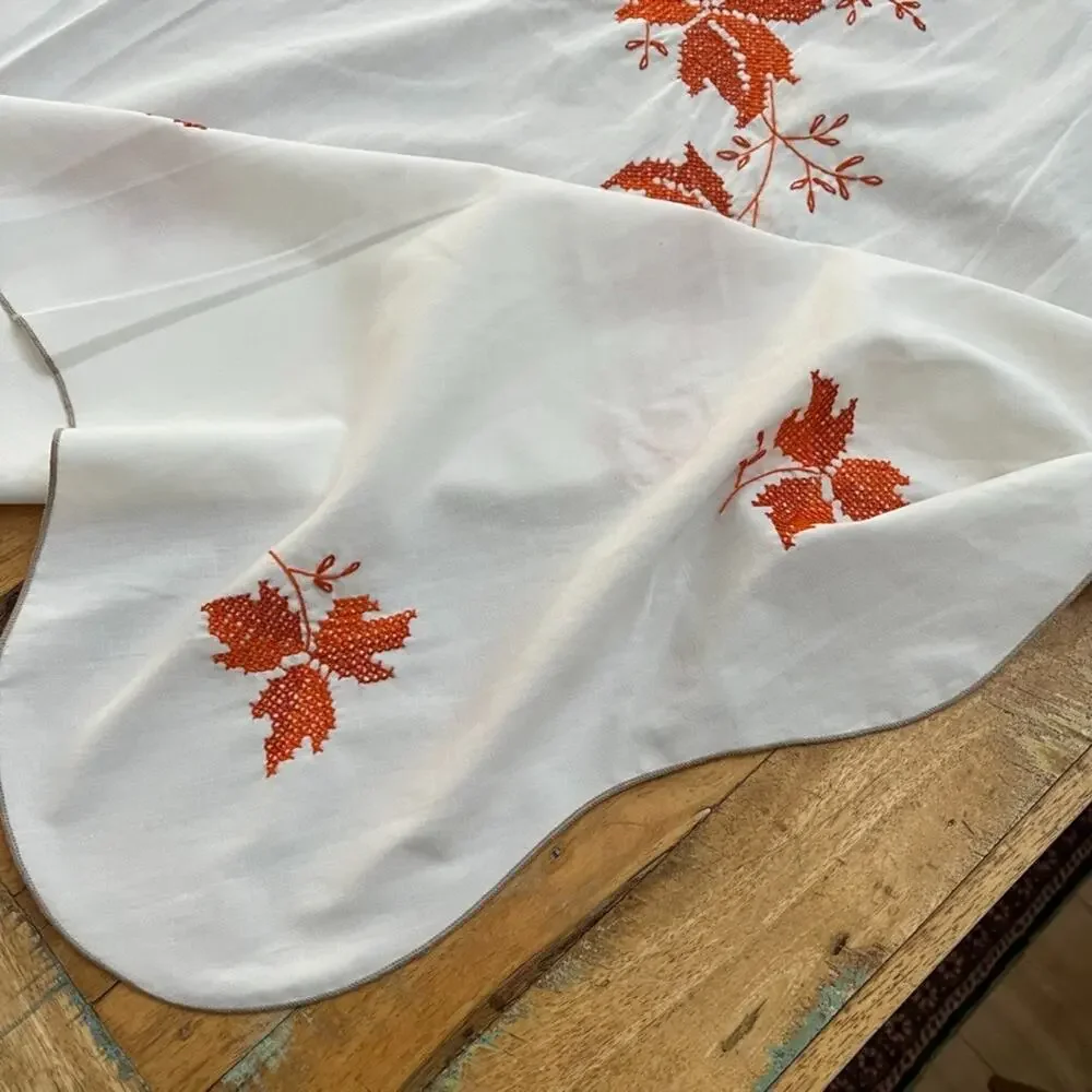 Vintage Tablecloth 57 in x 83 in Orange & Red Cross-Stitch Leaves Pattern